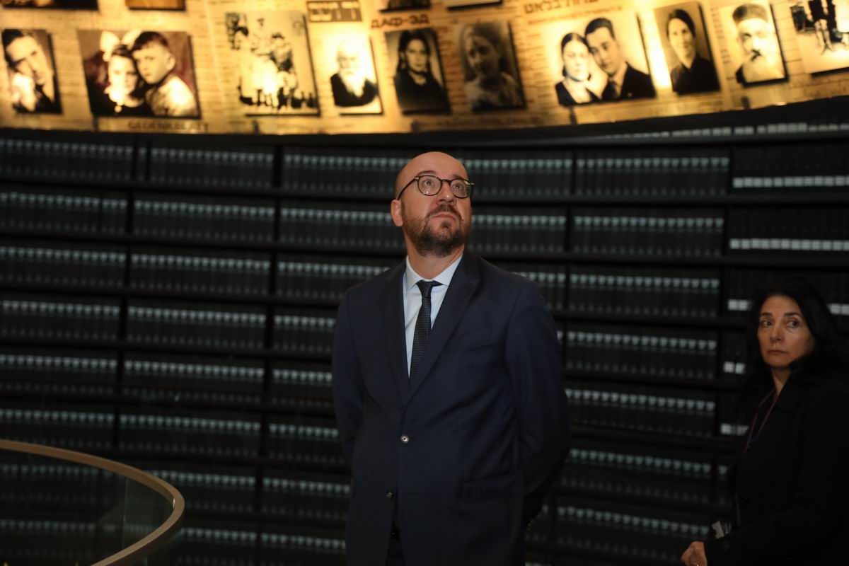 Prime Minister Michel in the Hall of Names, which commemorates the six million Jews murdered during the Holocaust